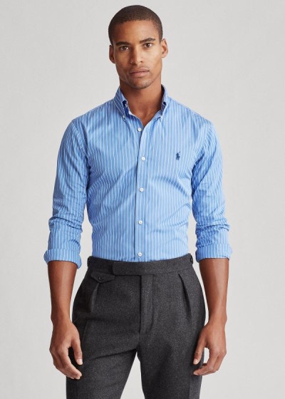 Camisa Polo Ralph Lauren Hombre Azules / Blancos - Slim Fit Striped Poplin - DELSY4579